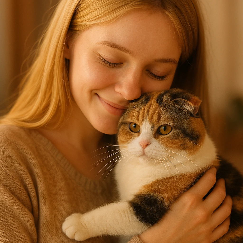 blonde girl snuggling a Scottish Fold cat with three colors, warm and affectionate scene emoji