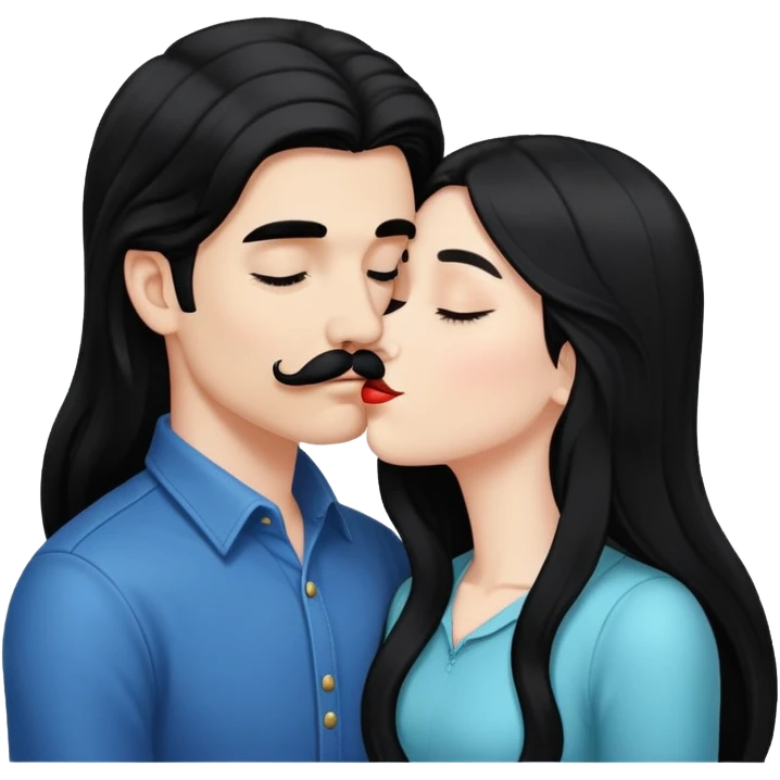 White boy with black mustache kissing white girl with long black hair emoji