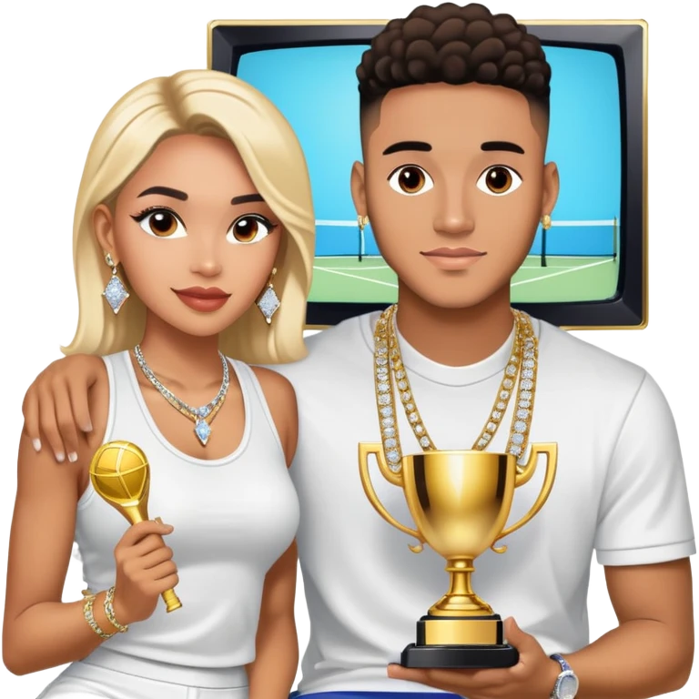 Breaking news Internet celebrity Josh King Madrid jetset wearing shiny diamond earrings and sparkly iced out diamond tennis necklace chains with Instagram model girl tefi valenzuela sitting with him holding gold internet celebrity trophy on tv show in Miami emoji