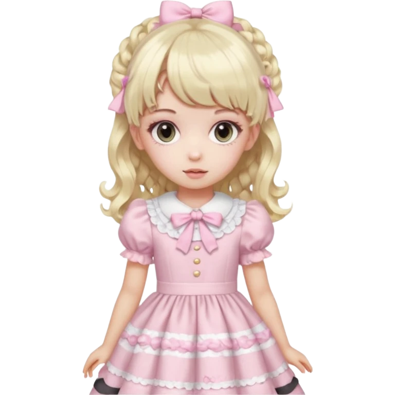 pale girl , who has curly medium length blonde and baby pink swirled hair with bangs , grey eyes , and doll like makeup , in a light pink lolita hime gyaru dress emoji | AI Emoji Generator emoji