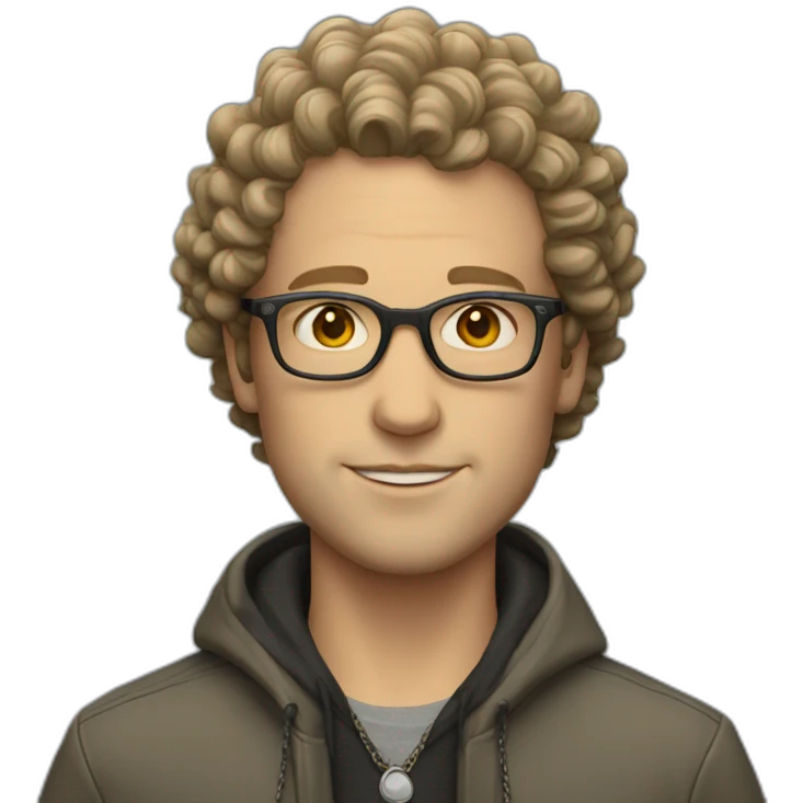 white man with curly hair, glasses, a jacket and a necklace emoji