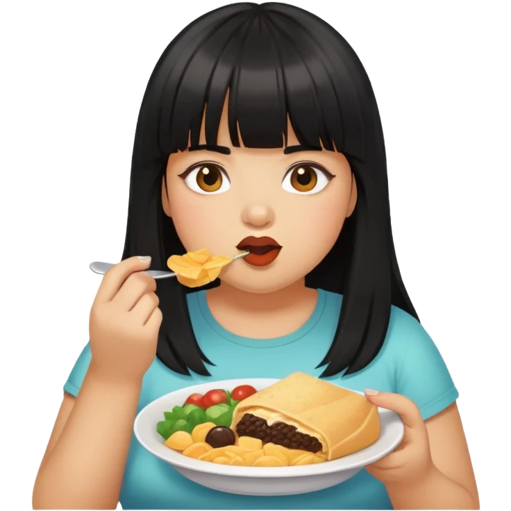 Medium skin girl with bangs black long hair plus size with food emoji
