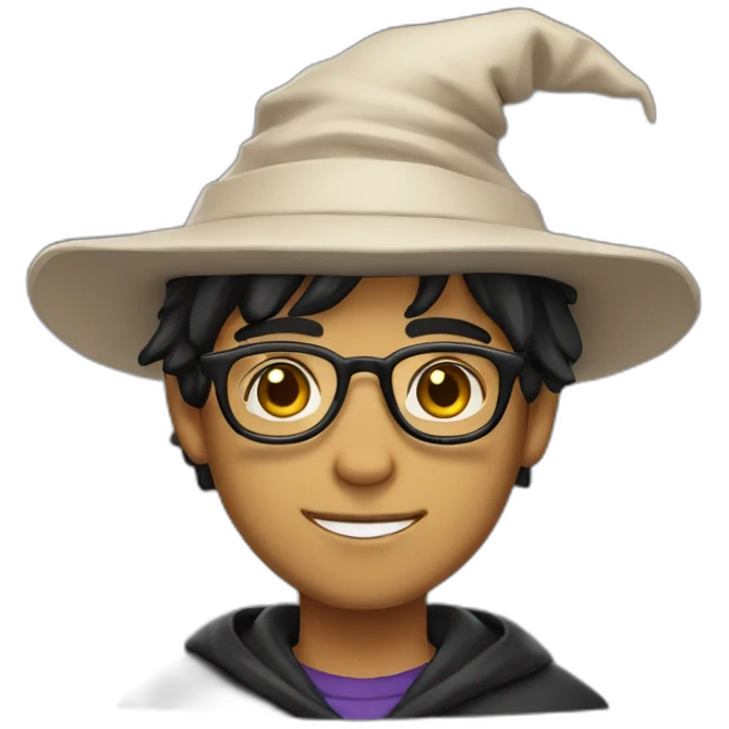 young male wizard skin tone 3 with black hair and glasses with hat frontview middle parting hair emoji