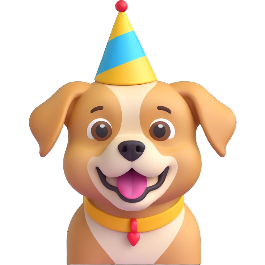 animated 3D emoji of a dog wearing a party hat emoji