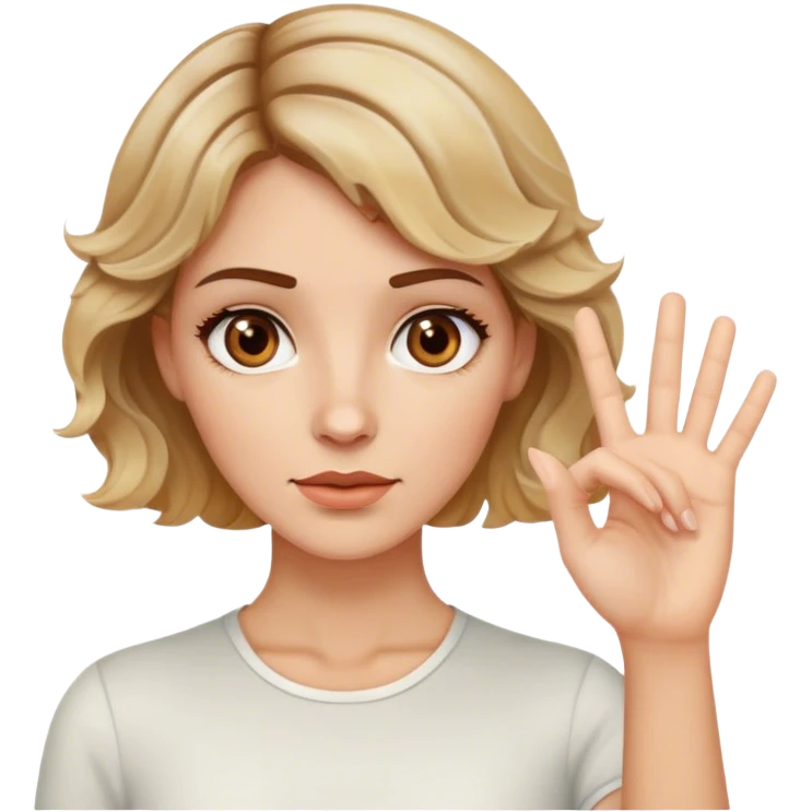 white woman, with brown eyes, brown short wavy hair with blonde highlights. Saying stop with hand gesture emoji