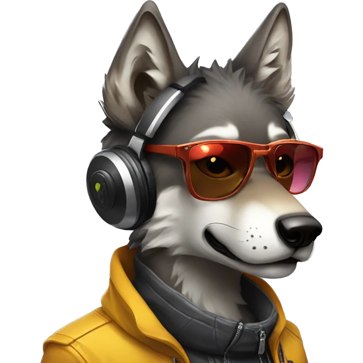 A beautiful cyberpunk Wolf holding a beef wearing sunglass and headphones emoji