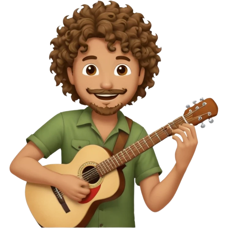 Generate a dude with curly hair and a shitty goatee who is high on marijuana playing the guitar and twisting a strand of his hair emoji
