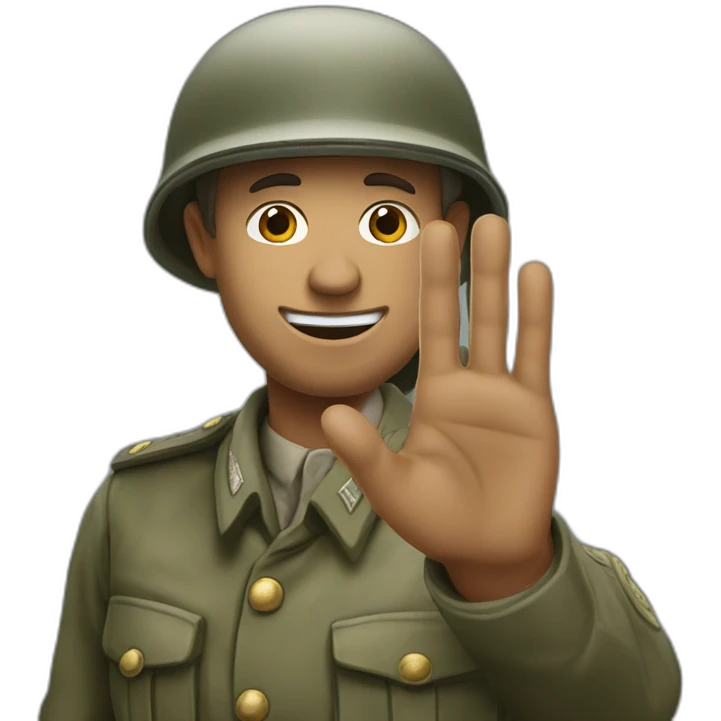 A man in a soldier suit from world war one raising their right hand vertically to around 45 degrees. His arm is stretched out and his face is shown emoji
