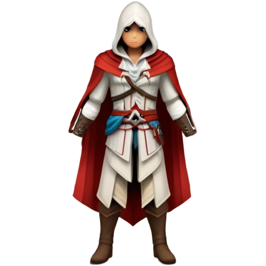 icon featuring Assasin's Creed in an iconic assassin's hood, standing tall against the backdrop of Florence. The design captures the essence of adventure, with intricate details of historical architecture and a sense of mystery. The character is poised, ready for action. transparent background. emoji