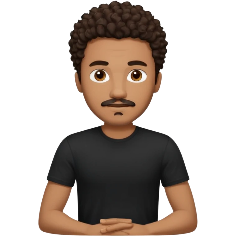 Young man with medium brown skin, curly medium-length dark brown hair, strong eyebrows, defined goatee and mustache, wearing a confident and calm expression. Casual style with a black T-shirt. Lighting is warm and cozy. Sitting indoors, with soft shadows on his face. emoji