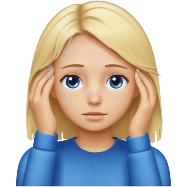 Girl massaging her head with blonde wet hair with anti-dark circles patches in her eyes dressed in a blue sweater emoji