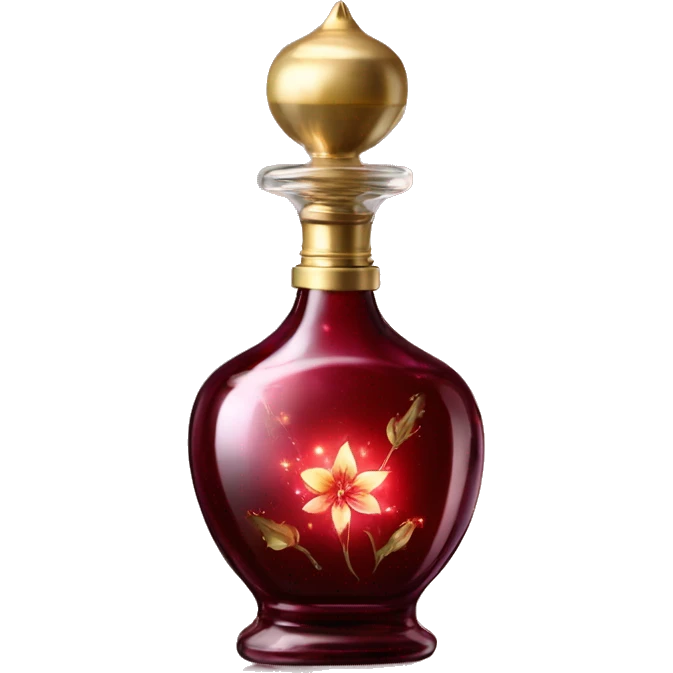 Dark red magic fairy light sparkling old Antique oil perfume bottle with herbal and flowers emoji