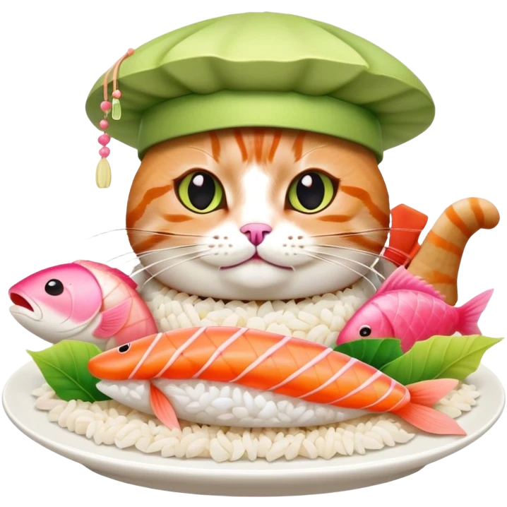cat wearing a sushi hat with rice base, multiple fish pieces on top, wasabi accent, pink ginger slices, and lots of soy sauce heavily dripping down the sides emoji