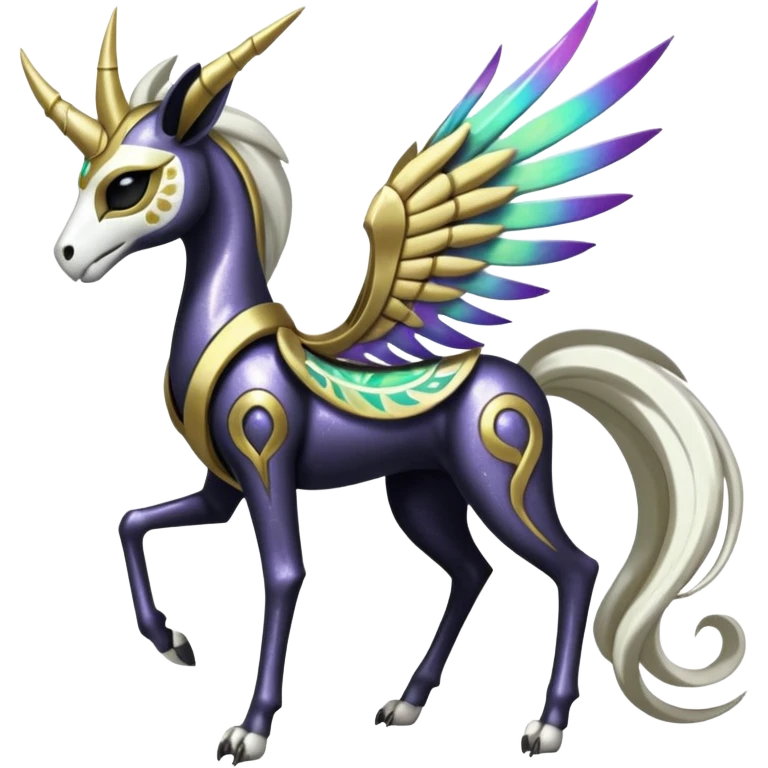 Colorful Royal Glittery Elegant Divergent Divine Gracious Beuatiful Shiny Tribal Skeletal masked armored Meloetta-Silvally-Solgaleo-Raikou-Pokémon-Digimon-Fakémon-fusion-hybrid-creature, full body emoji
