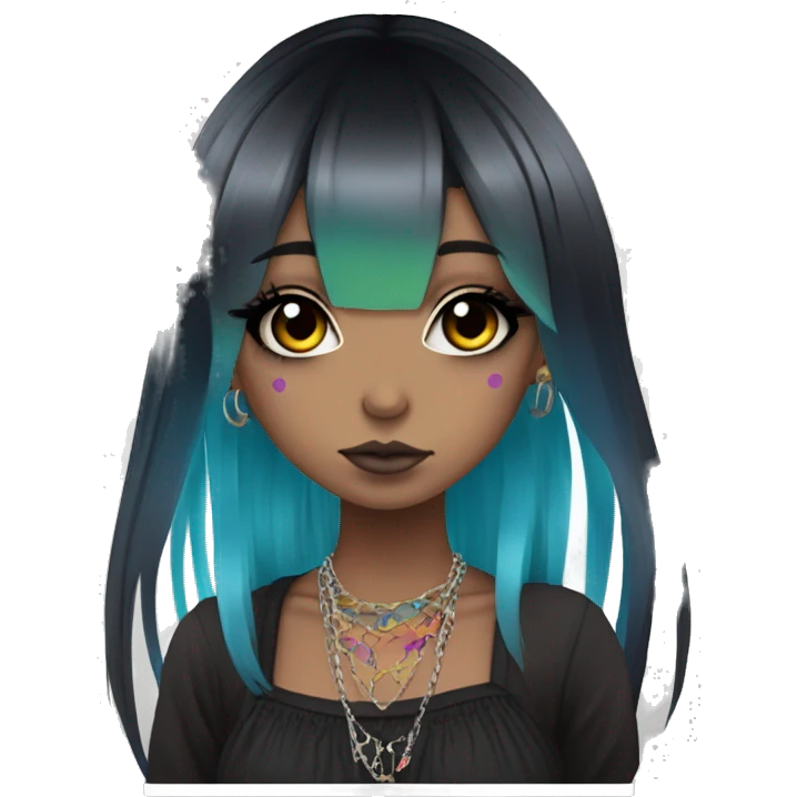 hime gyaru girl, long black hair with rainbow fringe, tattoos, dark makeup, goth grunge clothes emoji