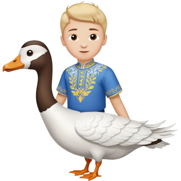 A boy in a Ukrainian white embroidered shirt flies on a white goose emoji