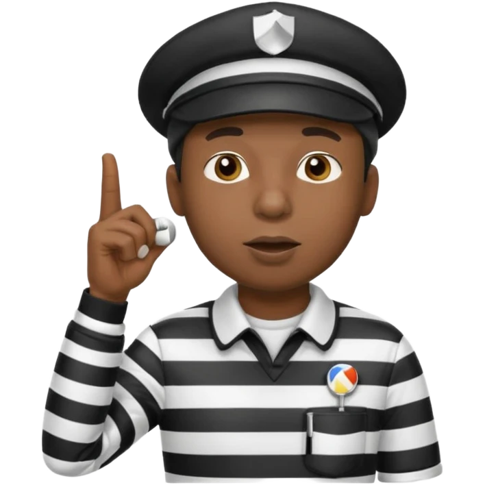 A black calm referee with striped shirt, wearing a cap while blowing a whistle, pointing clearly toward the field. emoji