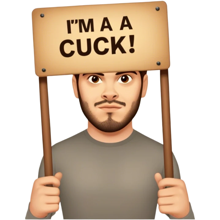Holding a sign saying “IM A BETA CUCK” emoji
