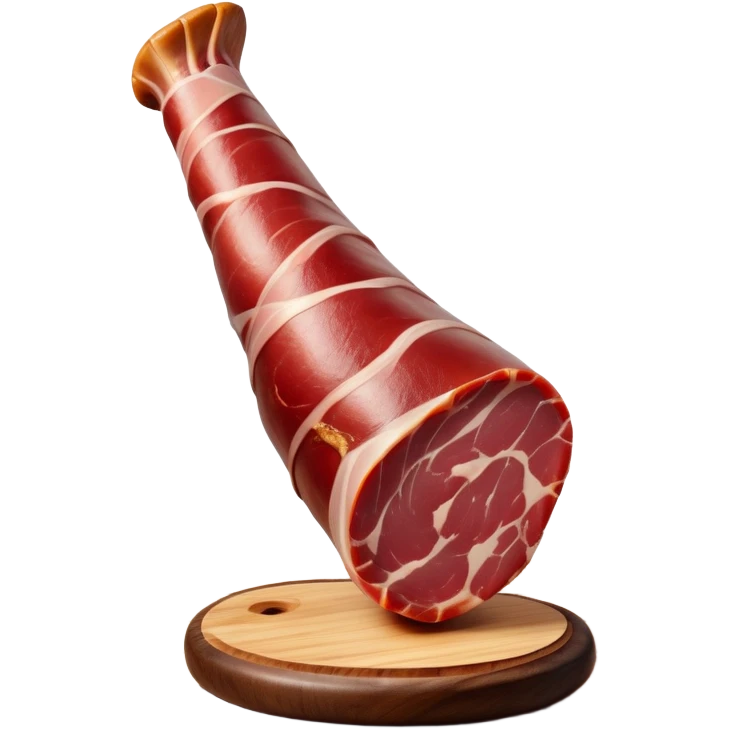 _cinematic-realistic-spanish-ham-leg,-depicted-as-a-massive,-cured-leg-of-jamón-serrano-(ham)-with-a-deep-reddish-brown-hue,-intricately-marbled-and-slightly-glossy-with-age,-elegantly-displayed-on-a-rustic-wooden-stand-and-bathed-in-warm emoji