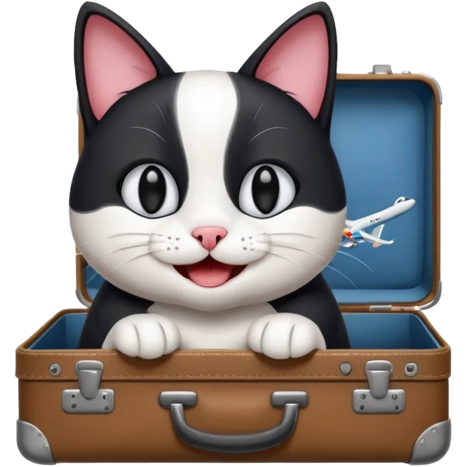 Lachende scwarz weiße Katze verreist mit koffer und flugzeug emoji