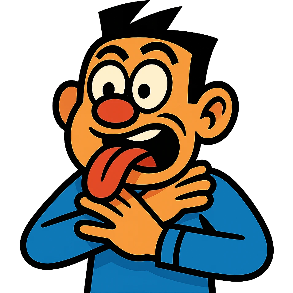 exaggerated slapstick person with crossed eyes, tongue out, hands on neck, comic style, playful and humorous emoji