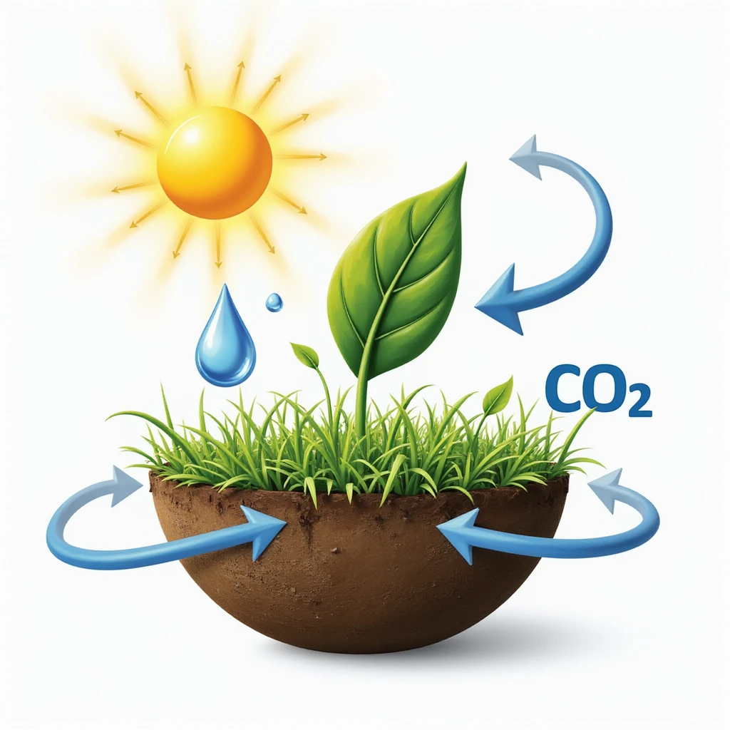 highly realistic detailed scientific diagram of photosynthesis with leaf, sun, water droplets, and CO2 arrows, accurate scientific elements, no background, transparent background emoji