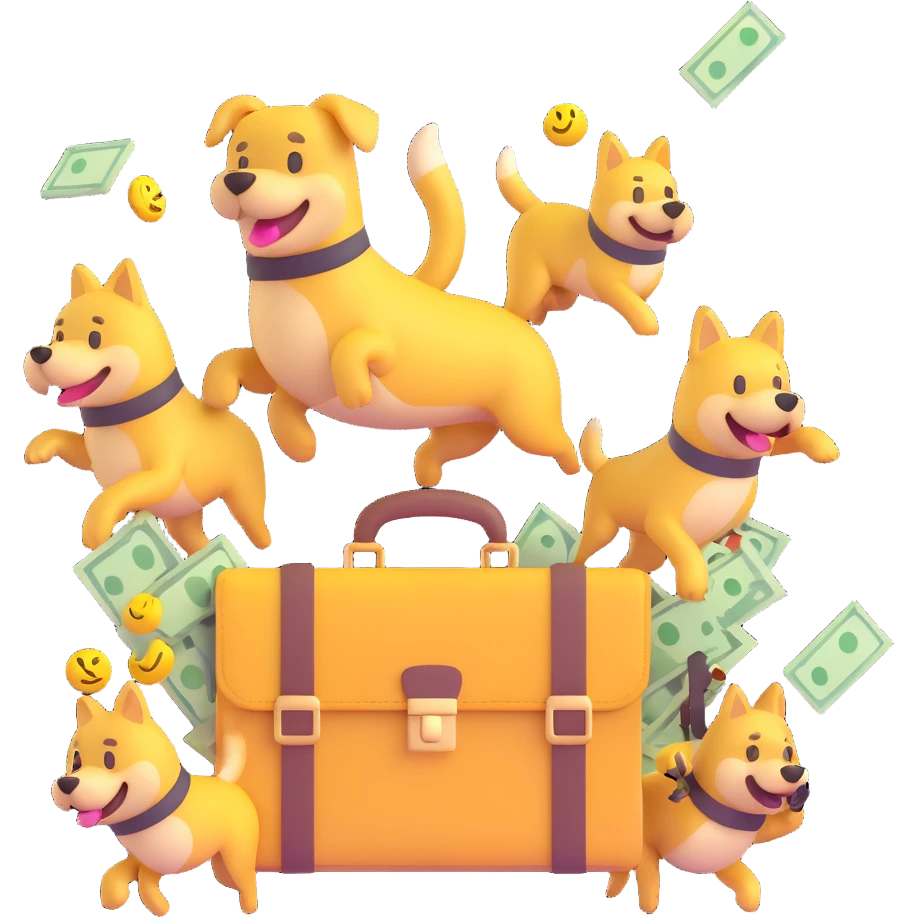 Yellow emoji with karate dogs, a briefcase, money, a phone and a paintbrush flying in its aura emoji