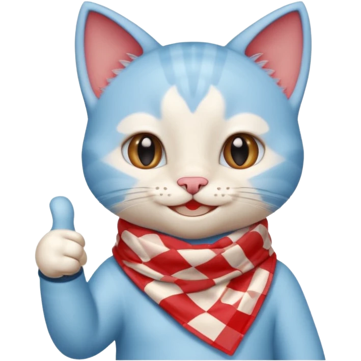 A Baby Blue Cat smiling and giving thumbs up, wearing red Checkered Triangle scarf emoji
