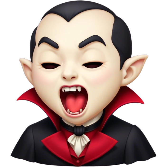 Cinematic Cute Yawning Vampire Portrait Emoji, with a small, rounded, charming pale face accented with tiny playful fangs and droopy, half-closed eyes, head tilted in an adorable wide yawn, dressed in miniature elegant dark attire with a hint of crimson, simplified yet irresistibly endearing, highly detailed with a soft, mysterious glow and gentle outline that captures the cute, drowsy side of an immortal! emoji