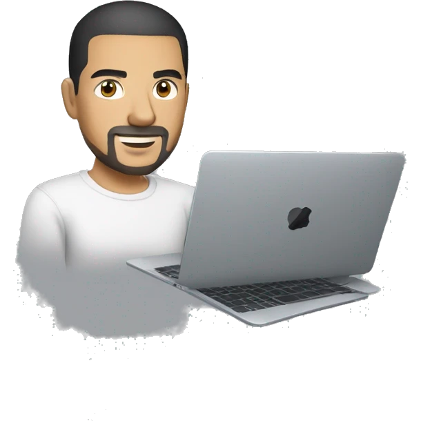 mexican man buzz cut hair with black stubble beard and black eyes in casual clothes, holding macbook laptop. emoji