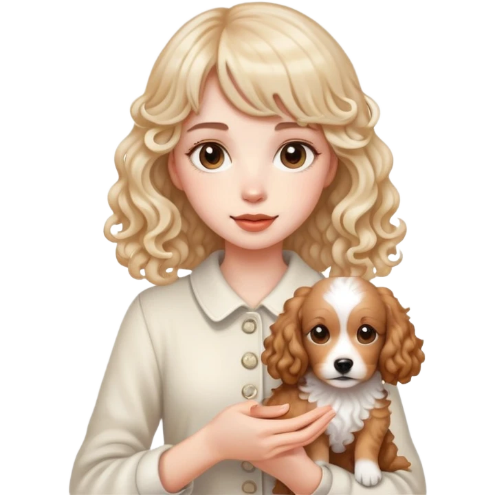 A beautiful girl with long bangs holding a light-colored curly dog emoji