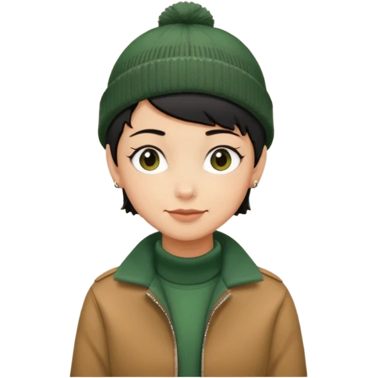 tan skin, non binary adult with pixie cut black hair, wearing brown jacket and dark green beanie, shy smile  emoji