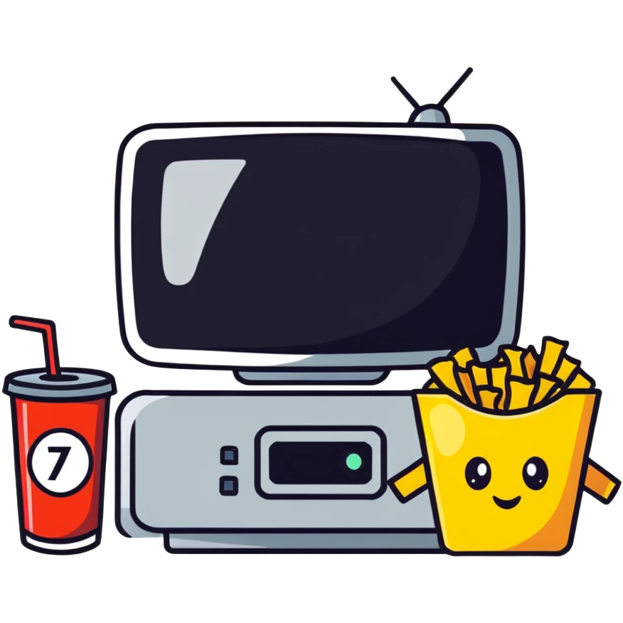 character watching TV with chips and soda emoji