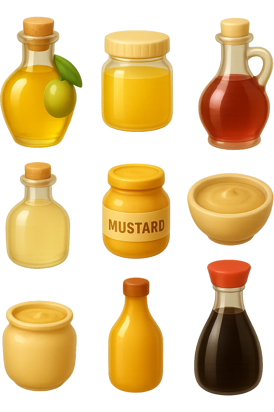emoji stile iphone 3d di questi elementi che fluttuano in aria sparsi casualmente:

Olio extravergine d’oliva, burro chiarificato
Olio all’aglio (senza pezzetti)
Aceto di vino, aceto di riso, senape, tahin
Salsa di soia fermentata (senza aglio/cipolla)


 che fluttuano sparse casualmente in aria, iperealistico 4k emoji