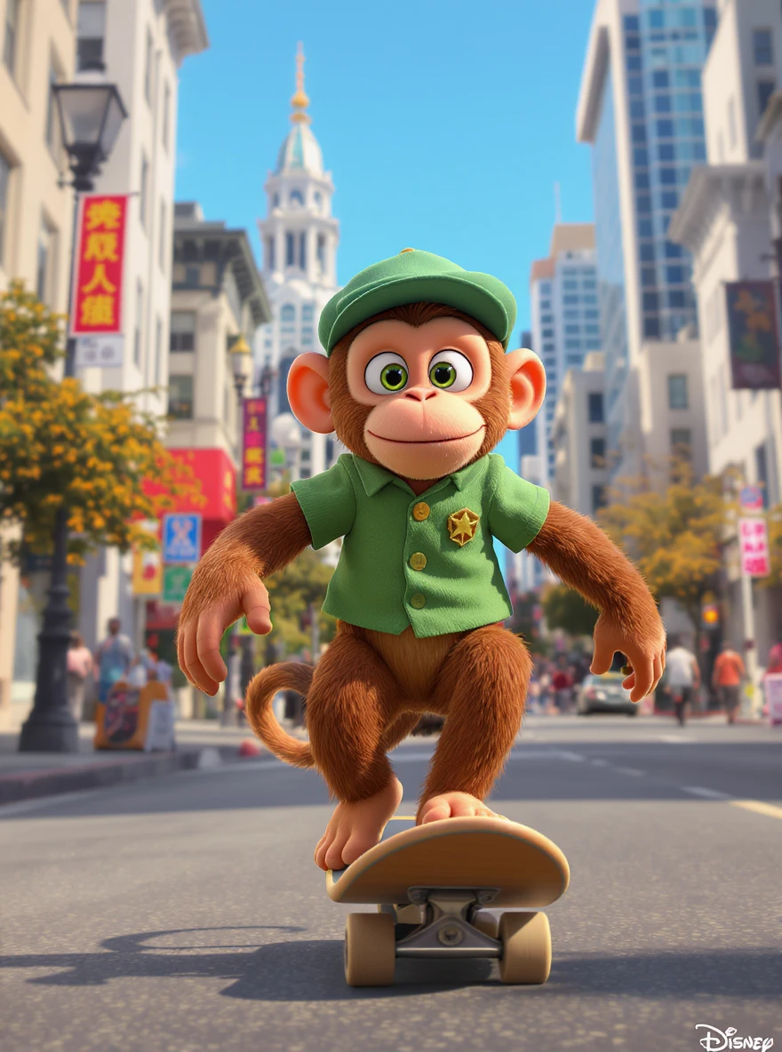 Disney style Cinematic still scane, Low angle shot, monkey dress in green outfit, monkey ride on skateboard, san francisno downtown with city lanscape, blue clean sky, captured by ARRI Alexa XT, soft cinematic lightning, back light, inspired by ToyStory 4 emoji