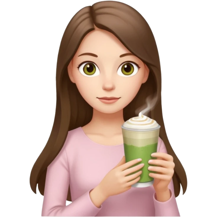 white long brunette hair girl with hazel eyes wearing light pink who is holding matcha emoji