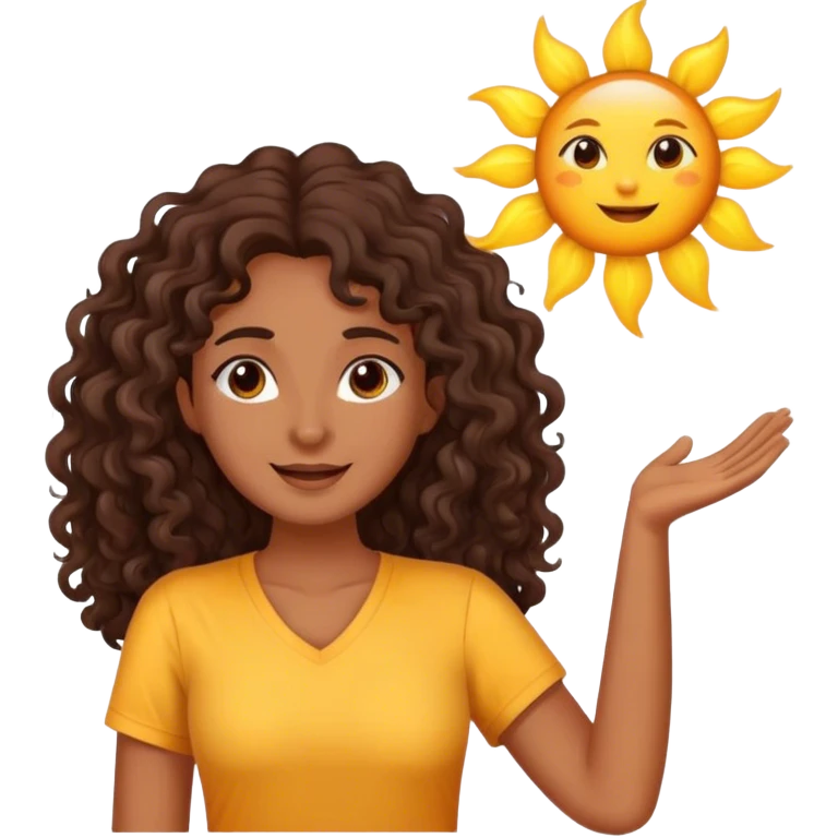 Brown woman with dark brown long curly hair saying good morning with the sun and yellow shirt  emoji