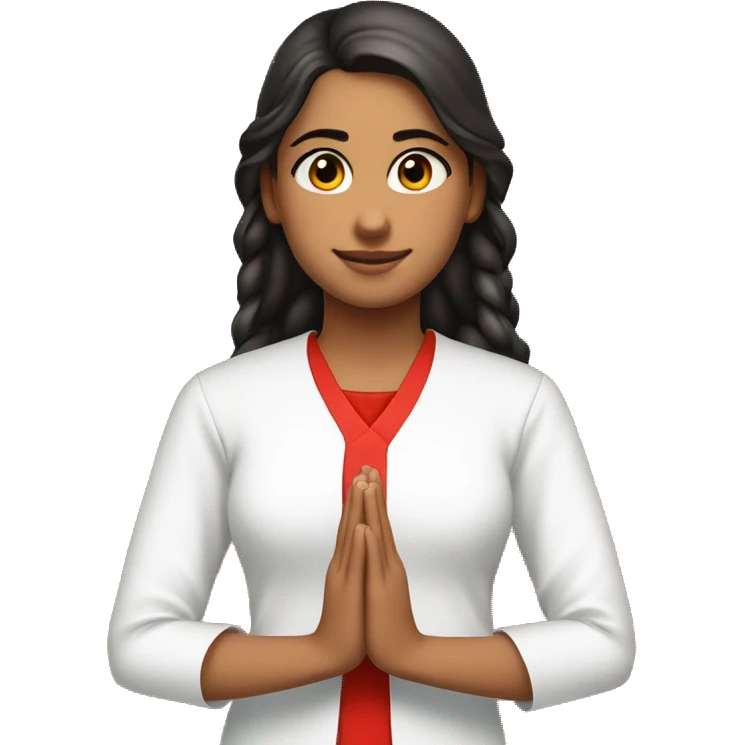 A teenage girl wearing plain white v  neck , elbow length sleeves kurty, with no designs . She is also wearing red plain modi jacket with red buttons. She is joining her hands a praying  emoji