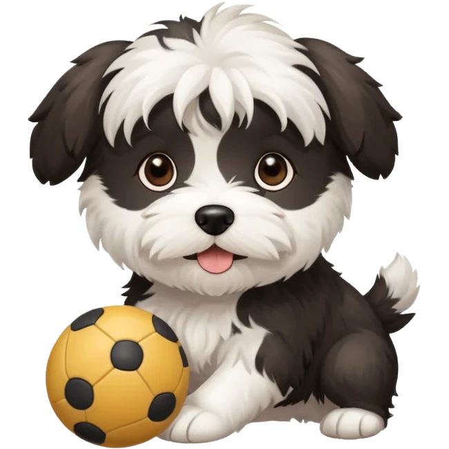 white Havenese with black spots dog standing with small ball emoji