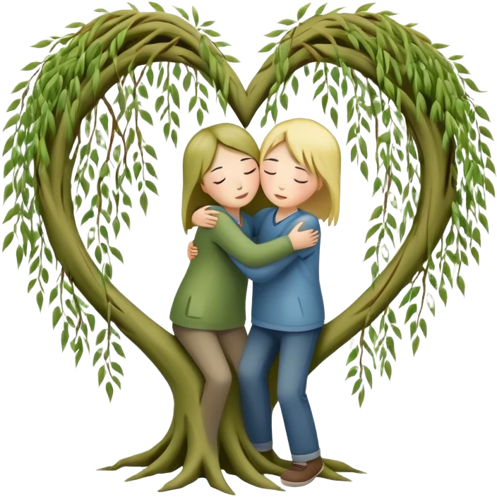 heart-shaped weeping willow tree with two people inside giving each other a comforting, caring, supportive hug, not romantic, with a small heart above them emoji