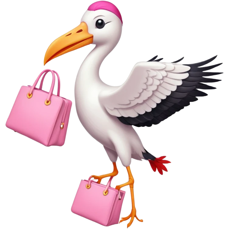 One white stork carrying a pink bag while flying  emoji