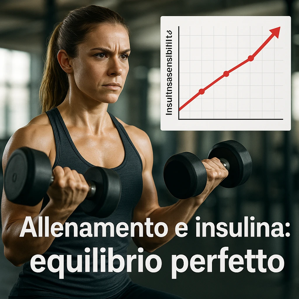 woman in gym doing dumbbell exercises, next to her a chart showing improvement in insulin sensitivity, determined expression, Italian text 'Allenamento e insulina: equilibrio perfetto', 4K quality emoji