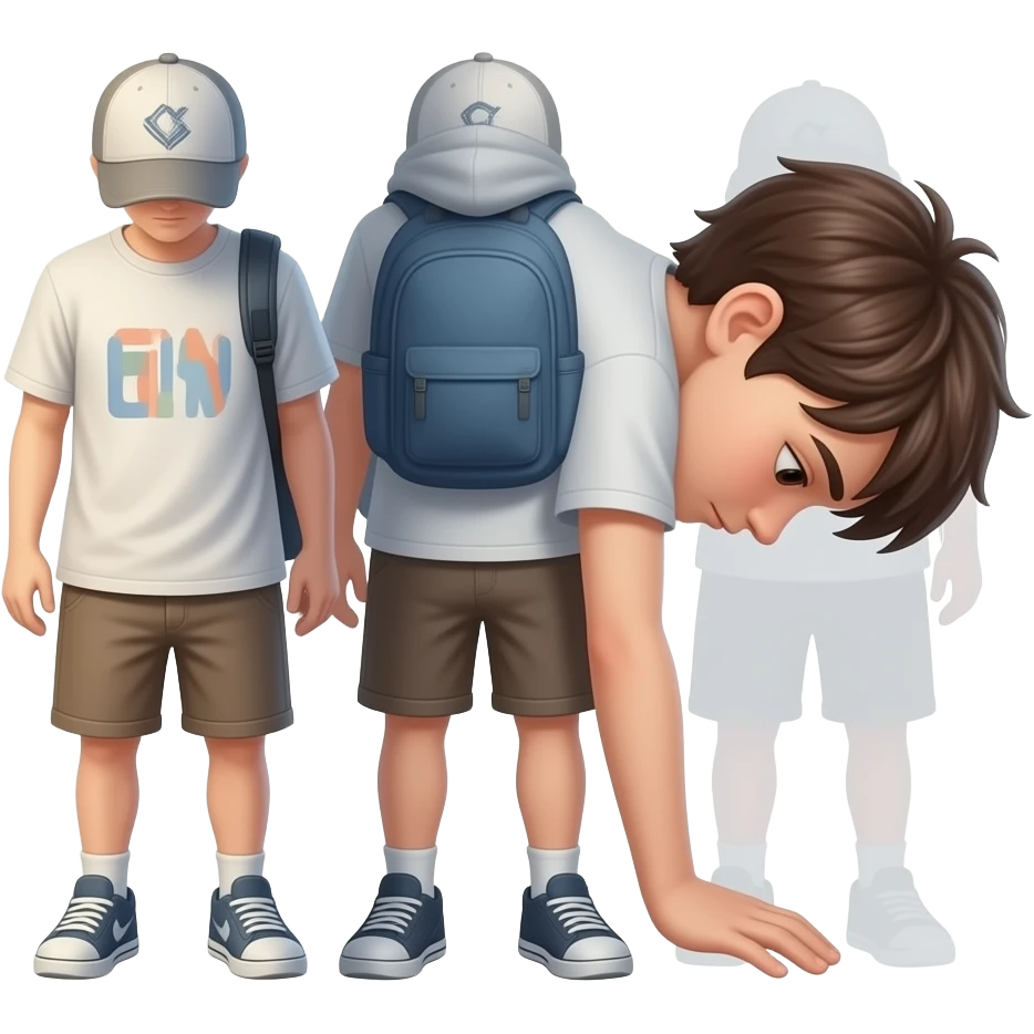 emoji trauriger jugendlicher, ganzer Körper mit Beinen, kopf nach unten, von hinten emoji