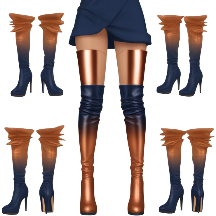 Realistic pair of navy to copper ombre thigh high boots with spike heels. emoji