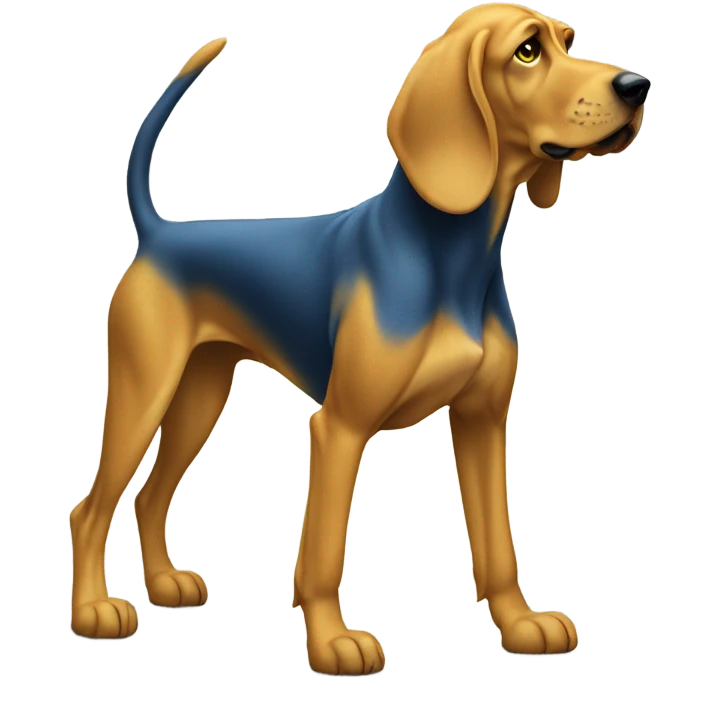 A Blue and yellow bloodhound dog standing erect on its hind legs ready to box. emoji
