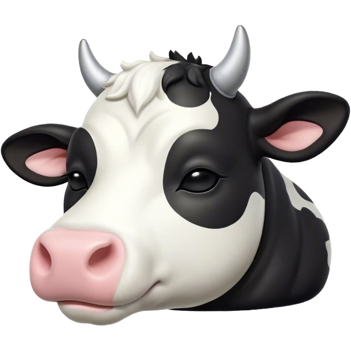 Meme-Worthy Cute Sleeping Black and White Cow Portrait Emoji, Head resting peacefully with a contented smile, showcasing a robust build and a luxuriously soft contrasting coat of black and white, eyes shut in a serene, restful nap, Simplified yet hilariously adorable features, highly detailed, glowing with a soft, drowsy light, high shine, relaxed and utterly lovable, stylized with an air of playful laziness, bright and heartwarming, soft glowing outline, capturing the essence of a comically sleepy cow, so meme-worthy it feels like it could instantly become the next viral sensation of adorable slumber! emoji
