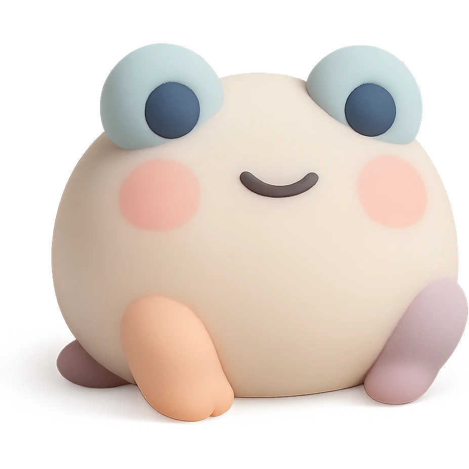 a mochi shaped like a frog, with tiny limbs and blushing cheeks, soft pastel palette emoji