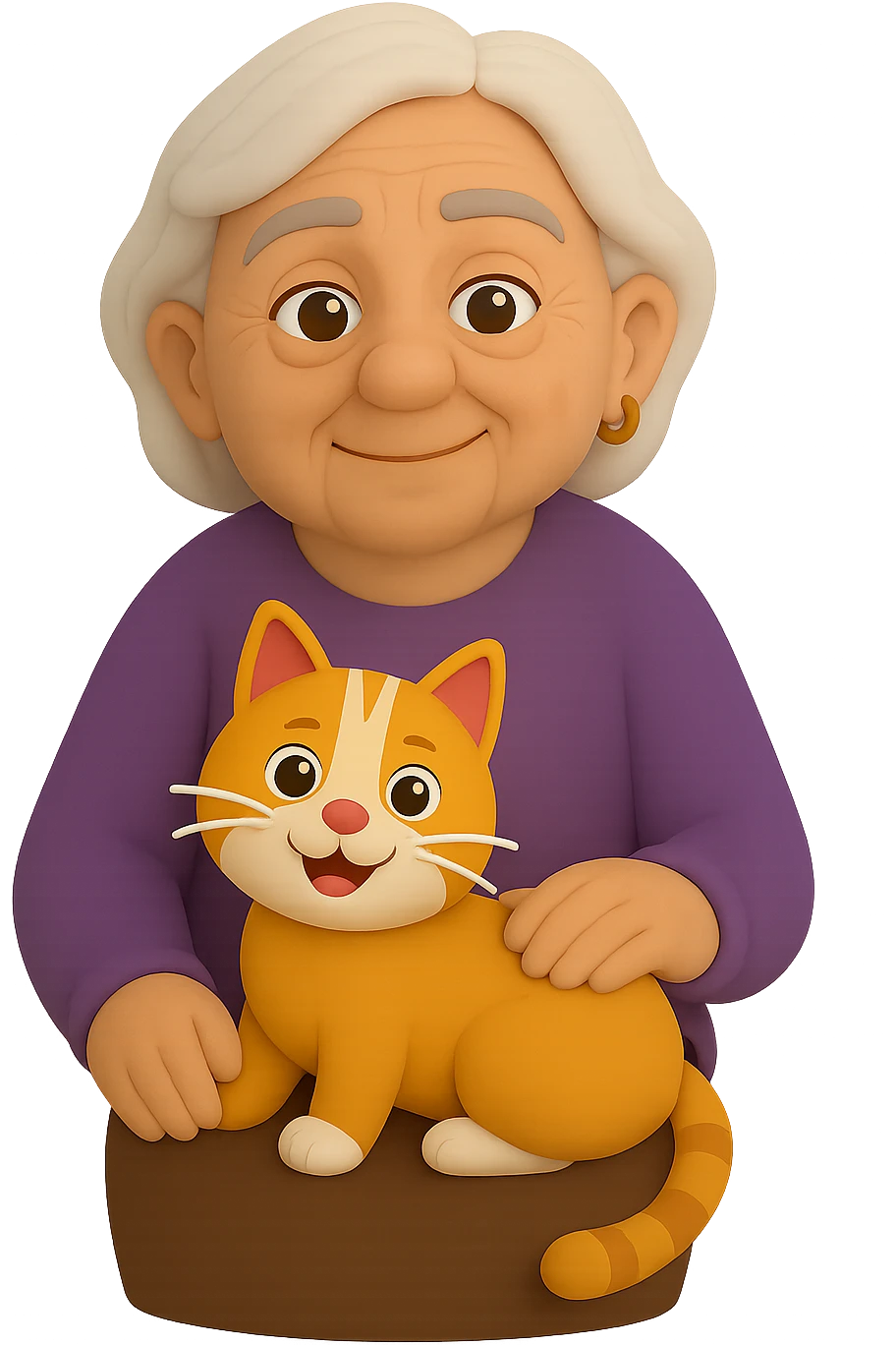 Create more poses of the grandmother holding the cat in Microsoft style 3D fluent emojis. Show different arm positions, with the cat sitting on her lap or on her shoulder. No background, transparent. emoji