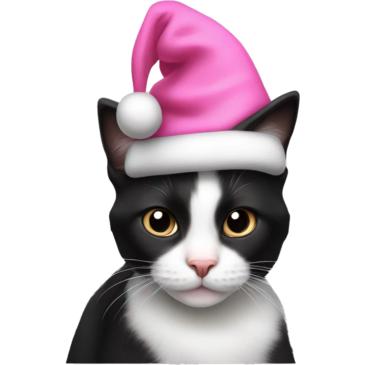 cute little black and white tuxedo cat wearing a pink and white santa claus hat emoji