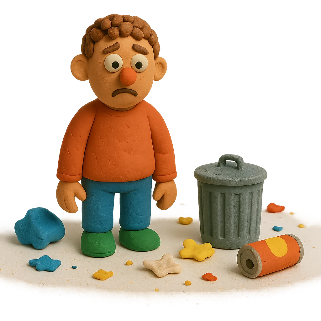 Make the trash on the floor look much messier, with more scattered items, in a claymation style, no background. emoji